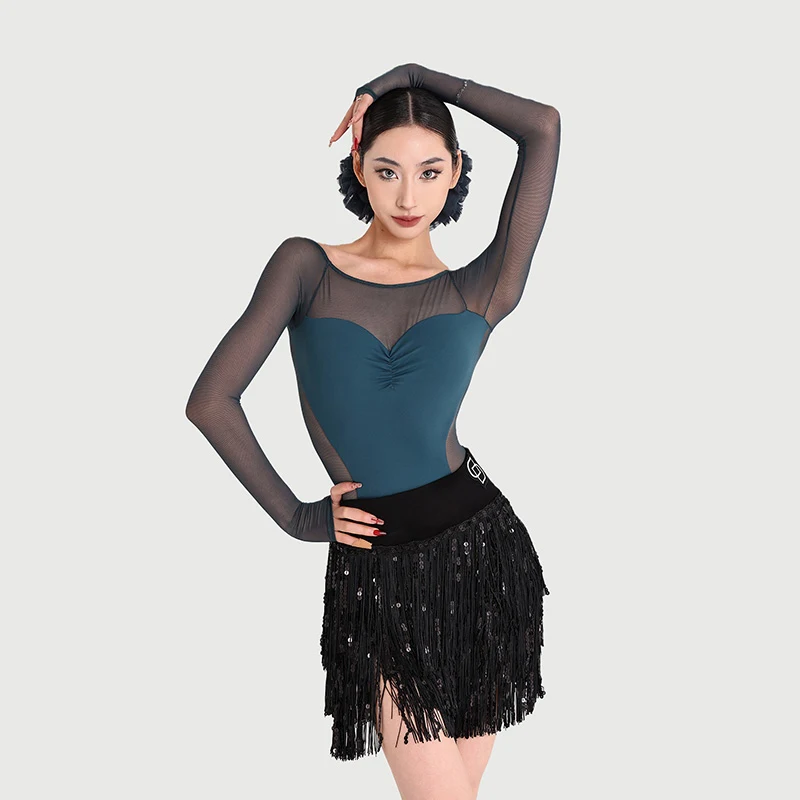 New Latin Dance Tops Women Mesh Long Sleeves Onesie Adult Rumba Samba Salsa Dance Clothing Professional Practice Wear BL15247