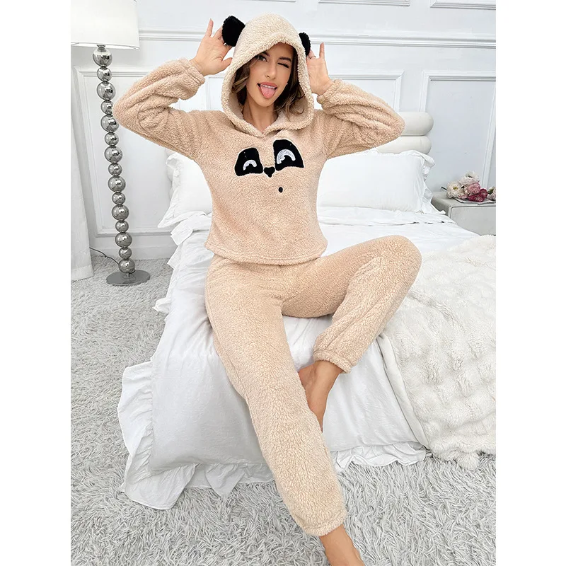 European and American Flannel Pajamas Solid Color Cartoon Pattern Pullover Set Autumn and Winter Loungewear Thick Hooded Pj Set