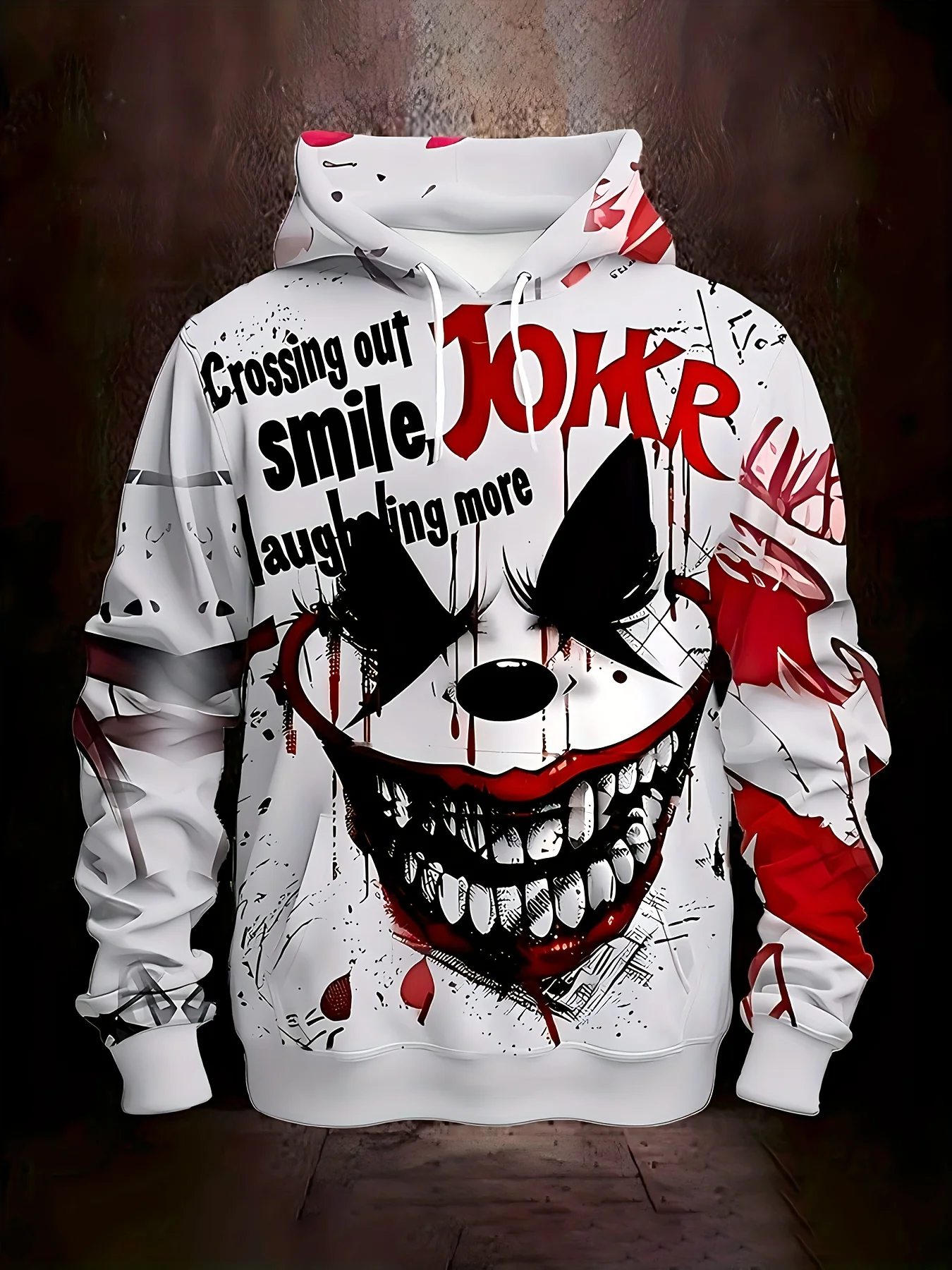 Joker Clown Hoodie Men Dark Grunge Splatter Text Smile Laugh More Drawstring Loose Casual Hooded Sweat Top