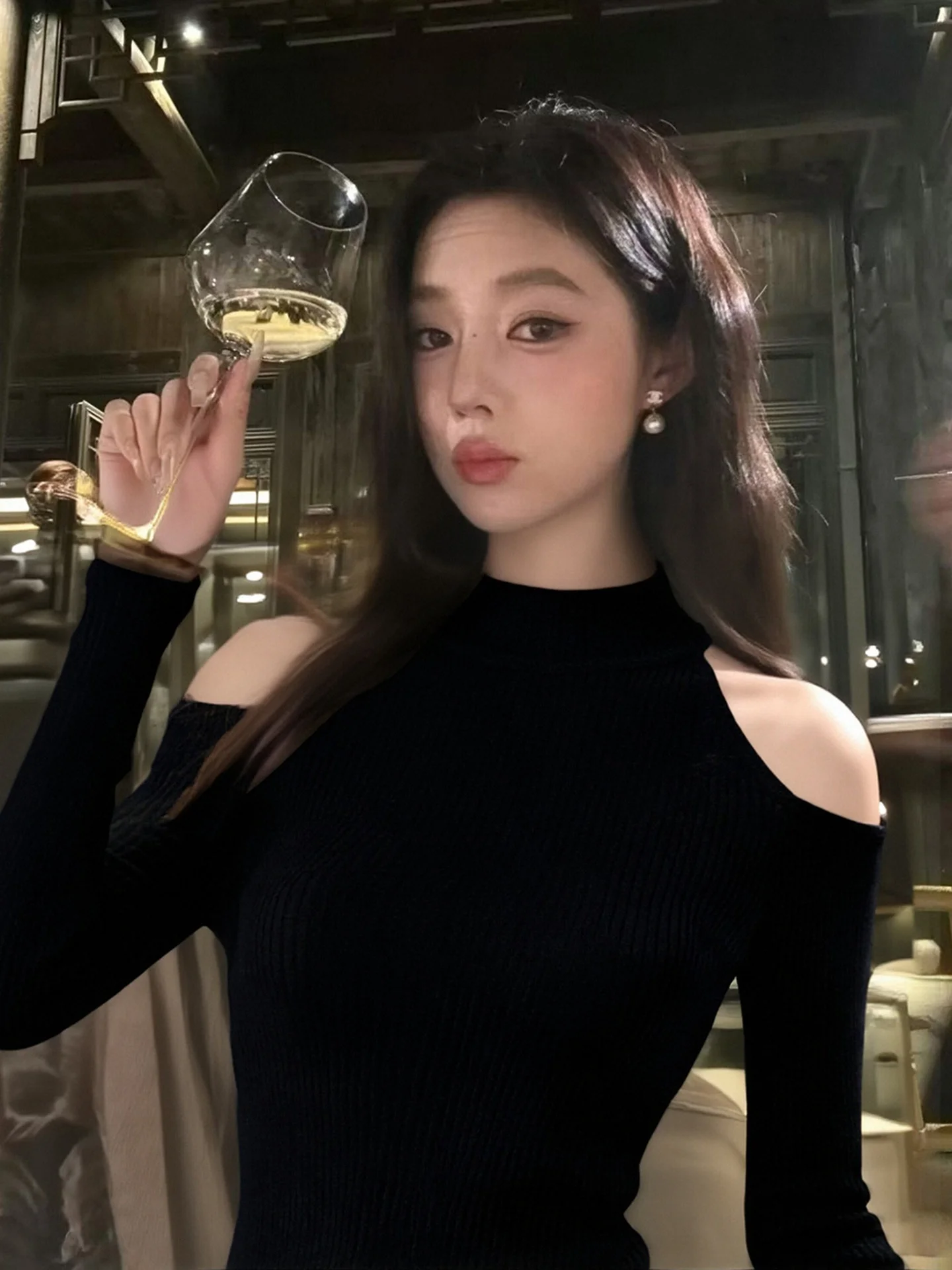 Black Shoulder-Bared Knitted Sweater Women's Slim Fit Base Layer Inner Wear Trendy Girl Hot Girl Bottoming Top for Autumn Winter