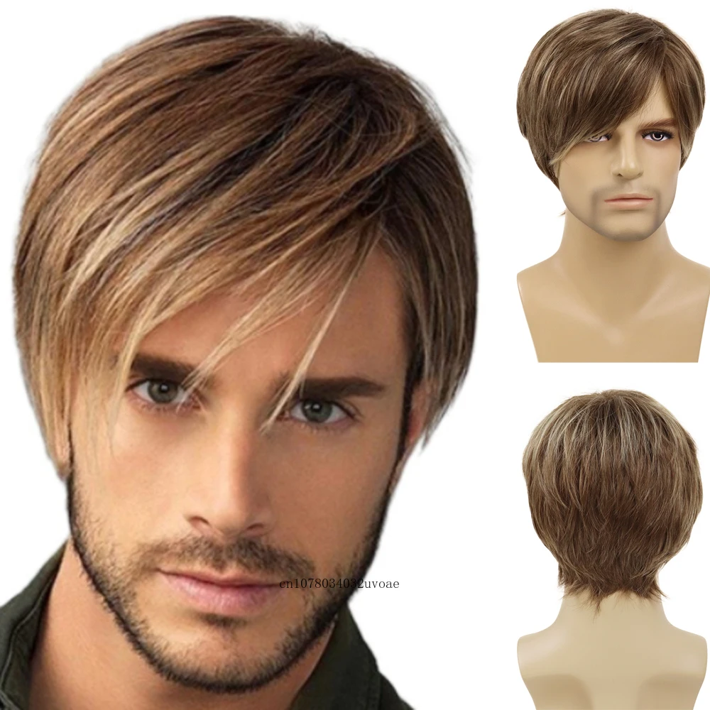 

Mens Wigs Short Brown Hair Trendy Synthetic Wig with Bangs Businessman Costume for Men Cosplay Party Natural Wig Soft Straight