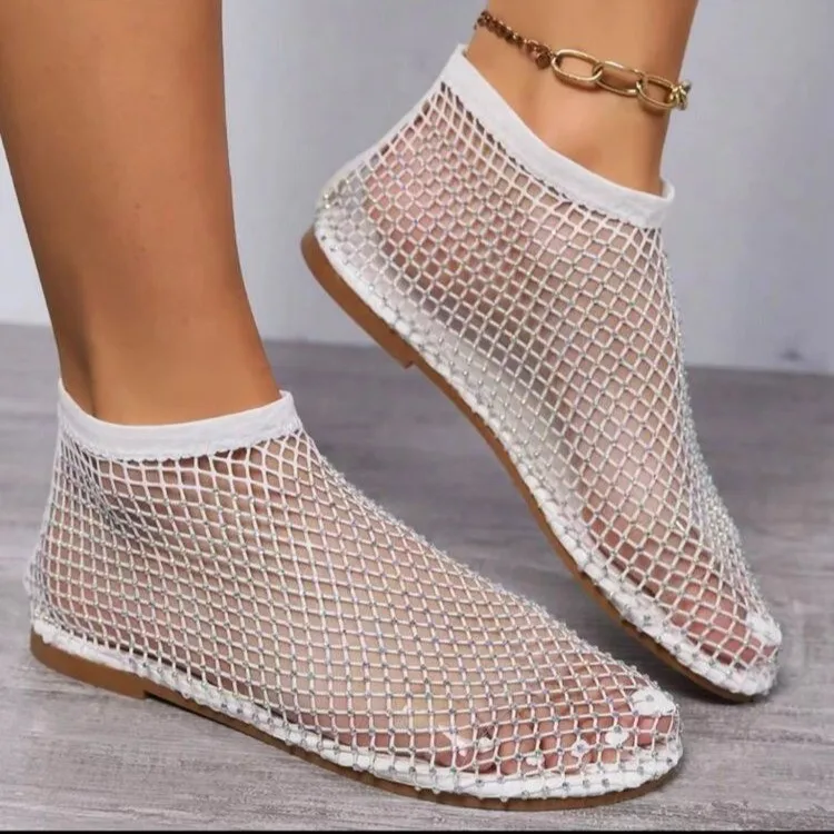 Hot Women\'s Shoes Luxury Diamond Round Head Ladies Shoes on Offer Women\'s Sandals with Elastic Fishnet Socks Slippers 36-43