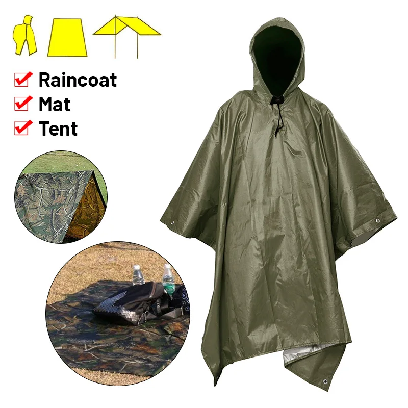 

3 in 1 Multifunctional Raincoat Waterproof Rain Poncho Backpack Hiking Rain Cover Motorcycle Outdoor Awning Camping Tent Mat