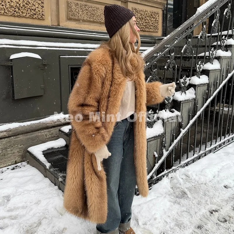 Neo Mint Luxury Runway Fashion Striped Long Faux Fur Coat Women Winter Fluffy Furry Eco Fox Fur Jacket Girls Overcoat Outerwear