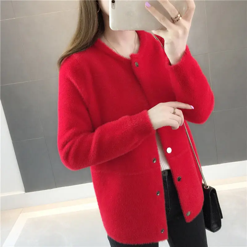 Mink Fur Autumn and Winter Sweater Coat 2022 New Women's Loose Velvet Long-sleeved Cardigan Female Sold Color Jacket Top Woman