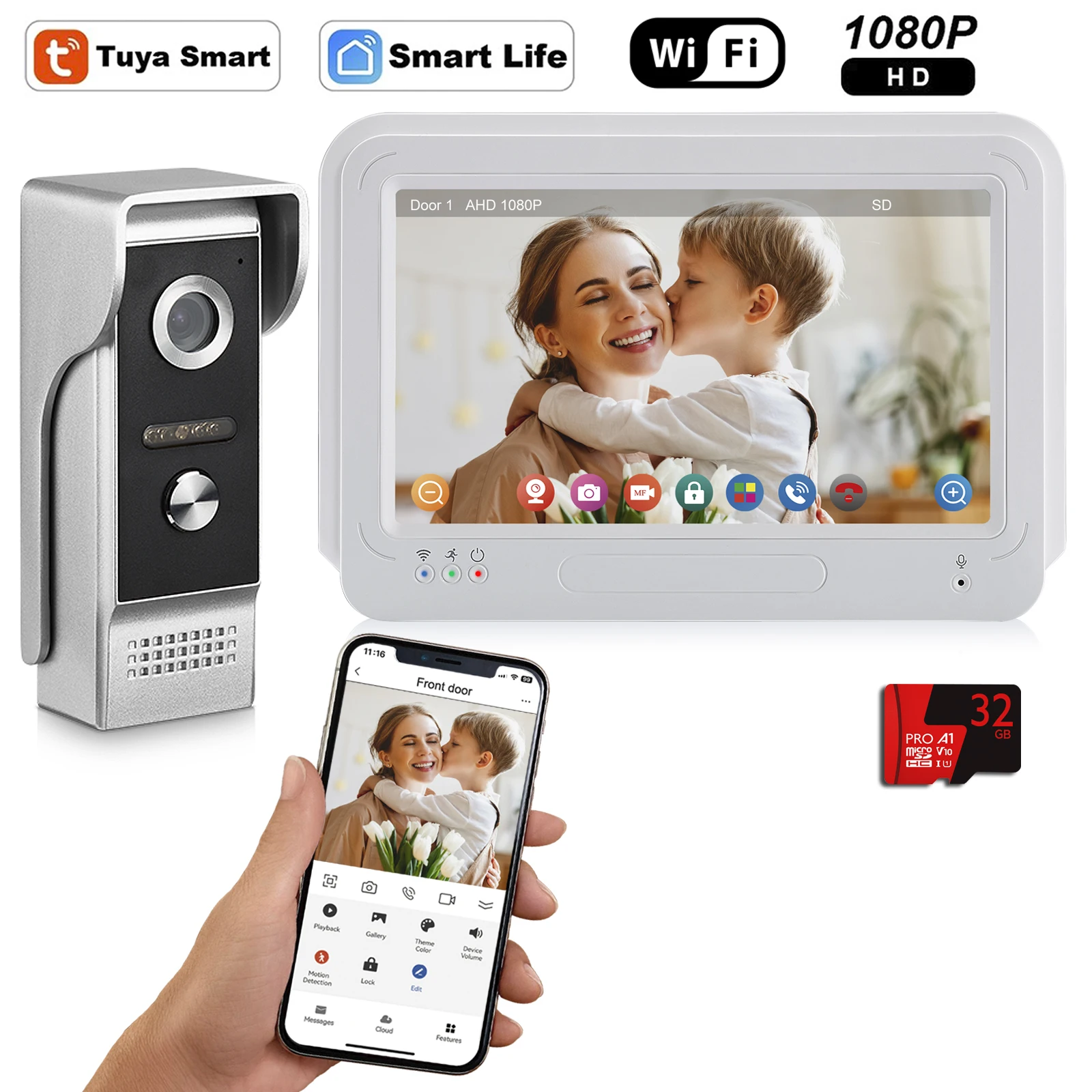 

WiFi Video Intercom System, 1080P All Aluminum Alloy Doorbell Camera with Touch Monitor 32G TF Card, Video Recording, Tuya APP