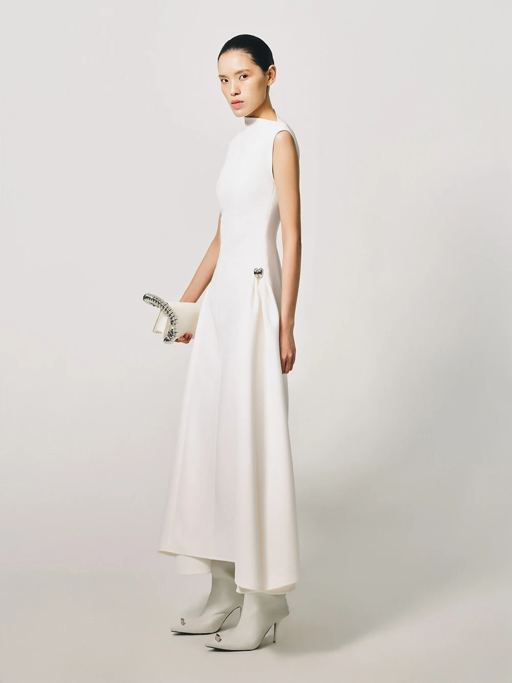 أزياء جديدة متخصصة غير متناظرة شبه عالية الرقبة بلا أكمام فستان كبير سوينغ منتصف إلى فساتين مأدبة طويلة #4