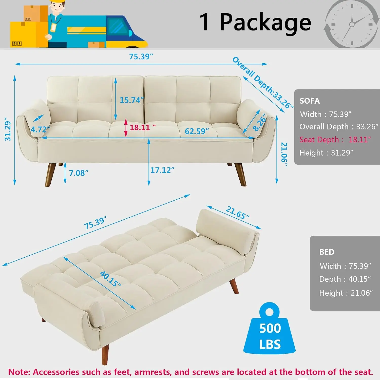 Modern Futon Sofa Bed, 75