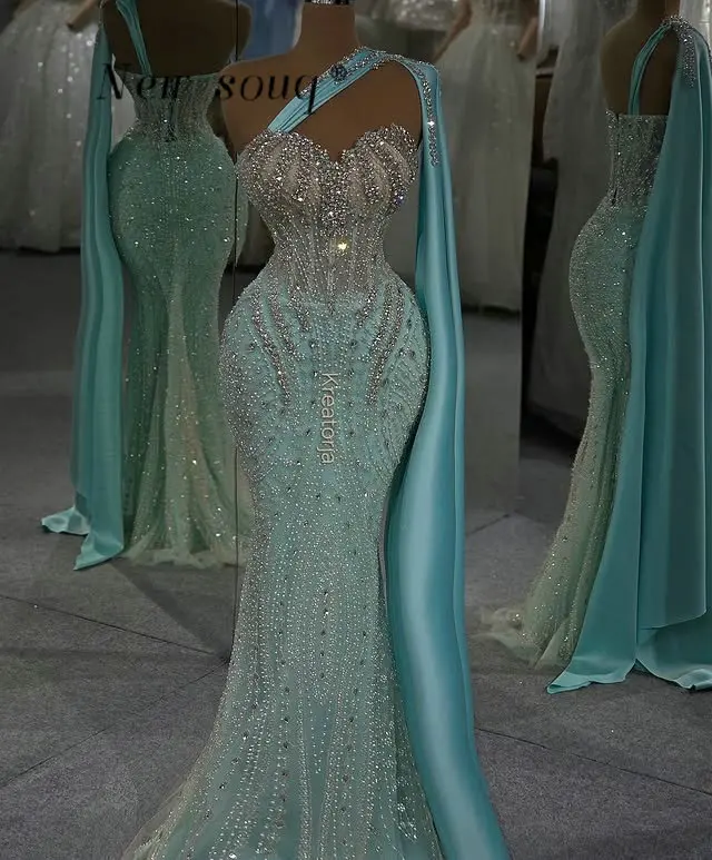 

Elegant Lake Blue Long Prom Dresses One Shoulder Cape Sleeve Crystals Women's Wedding Guest Evening Party Gowns Customized