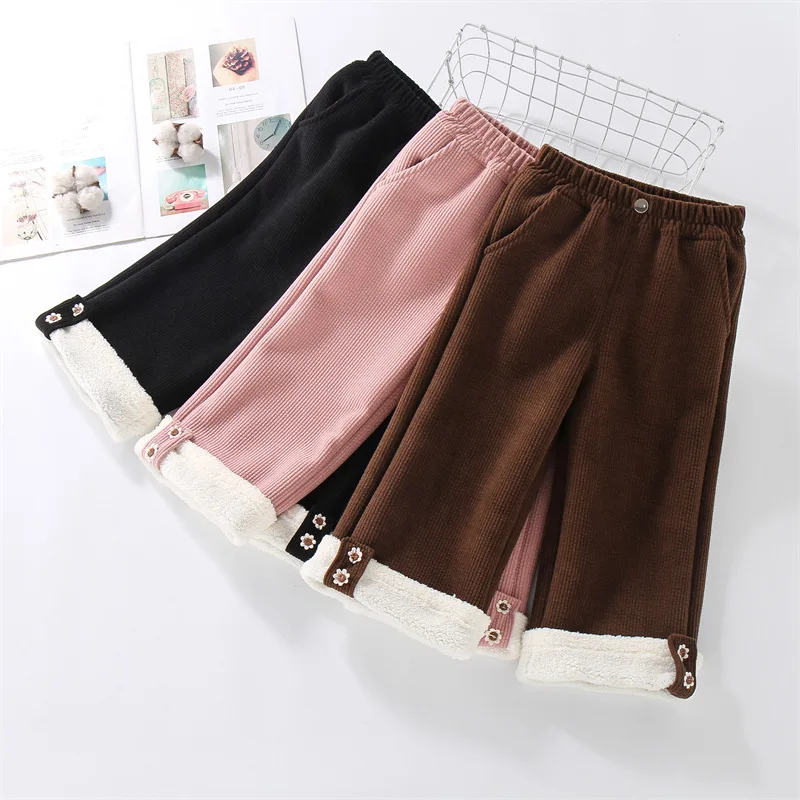 Winter Kids Baby Girls Corduroy Pants Thick Stylish Plus Velvet Children Girls Wide Leg Pants Toddler Girs Fleece Trousers