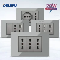 DELEFU Panel de vidrio SC70 118mm gris italiano estándar USB tipo C interruptor de enchufe de pared de carga rápida TV teléfono CAT5 CAT6