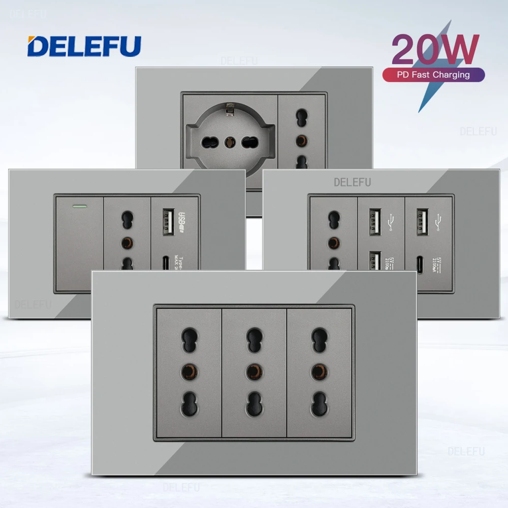 DELEFU Glass SC70 Panel 118mm Grey Italian Standard USB C-type Fast Charging Wall Socket Switch TV Telephone CAT5 CAT6