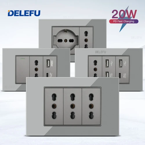 DELEFU Panel de vidrio SC70 118mm gris italiano estándar USB tipo C interruptor de enchufe de pared de carga rápida TV teléfono CAT5 CAT6