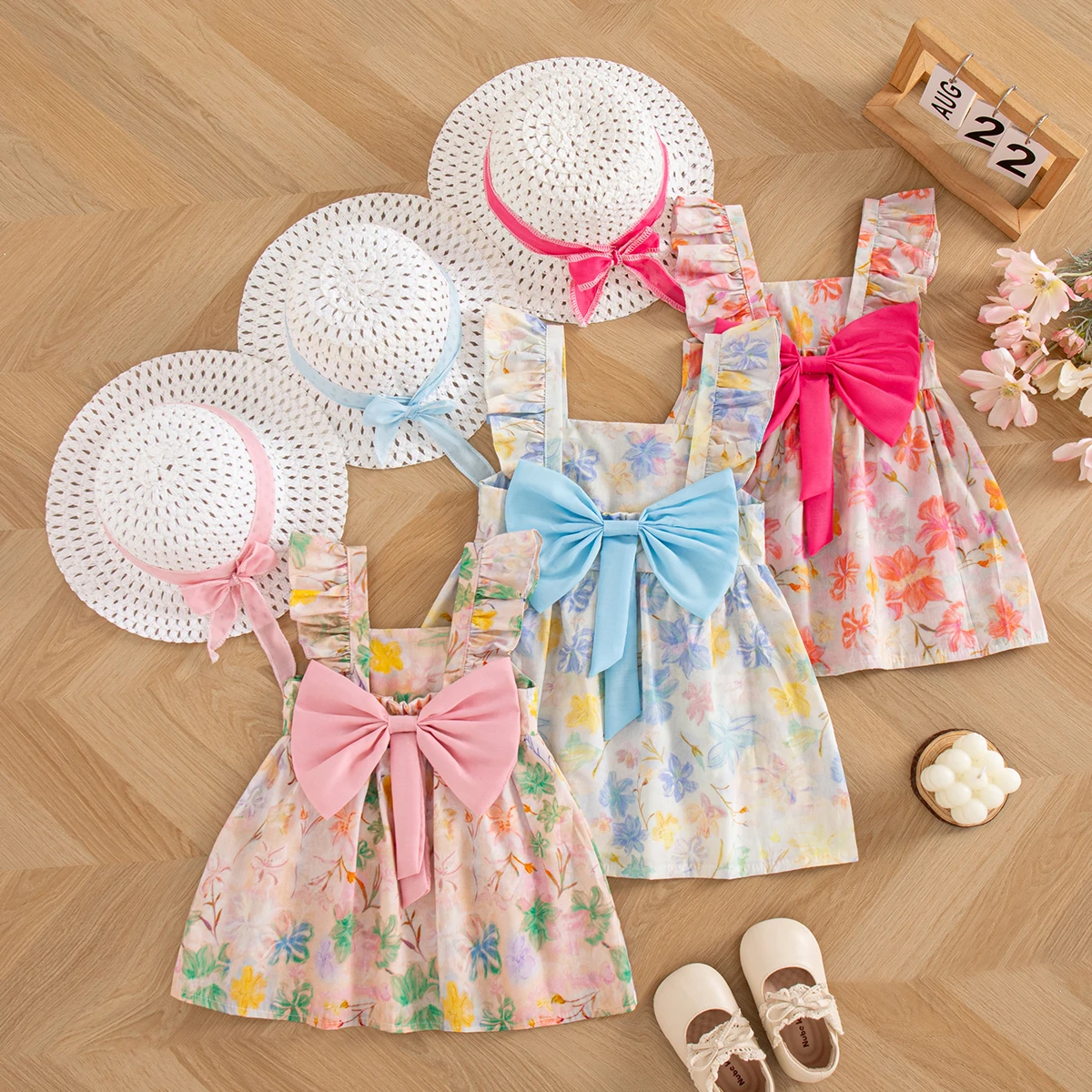 Summer Fashion Baby Girl Outfit Sets Send a Hat Korean Style Holiday Sweet Big Bow Floral Backless Casual Beach Toddler Dress
