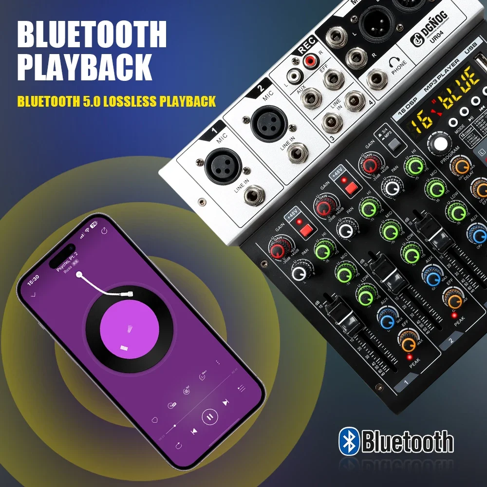وحدة تحكم خلط الصوت من DGNOG مزودة بـ 4 قنوات 16 DSP مع بلوتوث طاقة فانتوم 48 فولت لطاولة صوت تسجيل الكمبيوتر من DJ UR04