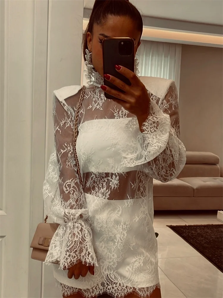 Tossy Fashion Black Lace Mini Dress Women Hollow Out Sexy See-Through Ruffled Patchwork Dress Female Summer Beach Cover up Dress