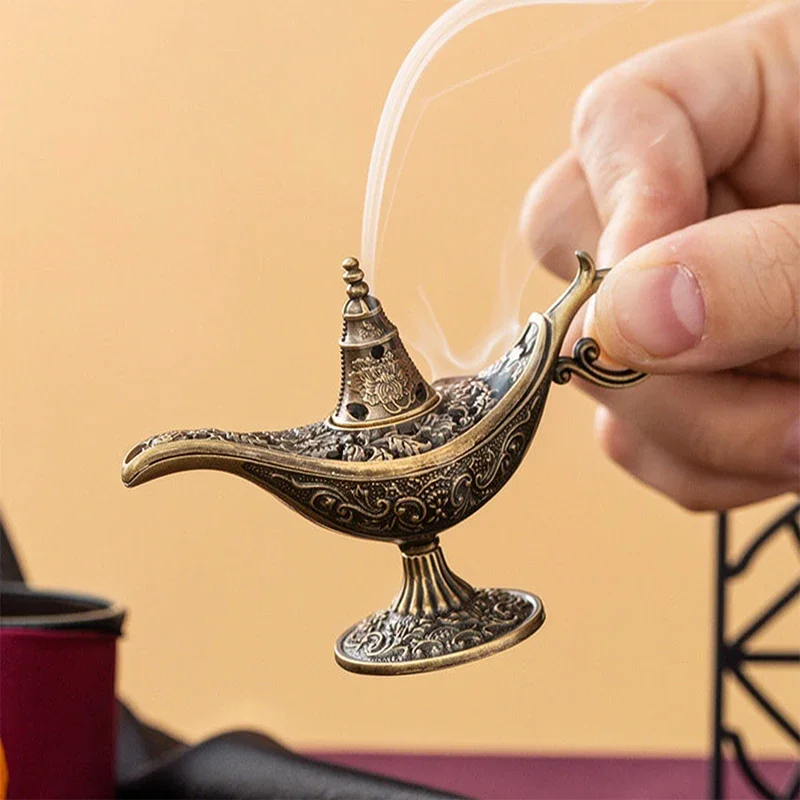 Magic Lamp Shape Incense Burner Zinc Alloy Hollow Carved Vintage Censer for Incense Tablets Home Meditation Decor Holiday Gift