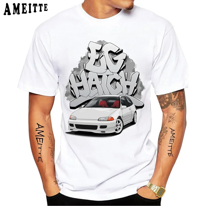 Civic EG hatch white with graffiti background Classic T-Shirt New Summer Men Short Sleeve Boy Casual White Tees Sport Tops