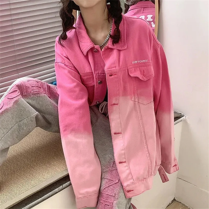 Jean Jackets Spring Pink Letter Embroidery Korean Baggy Women Denim Jacket Ladies Oversized Fashion Casual Tie Dye Denim Coat