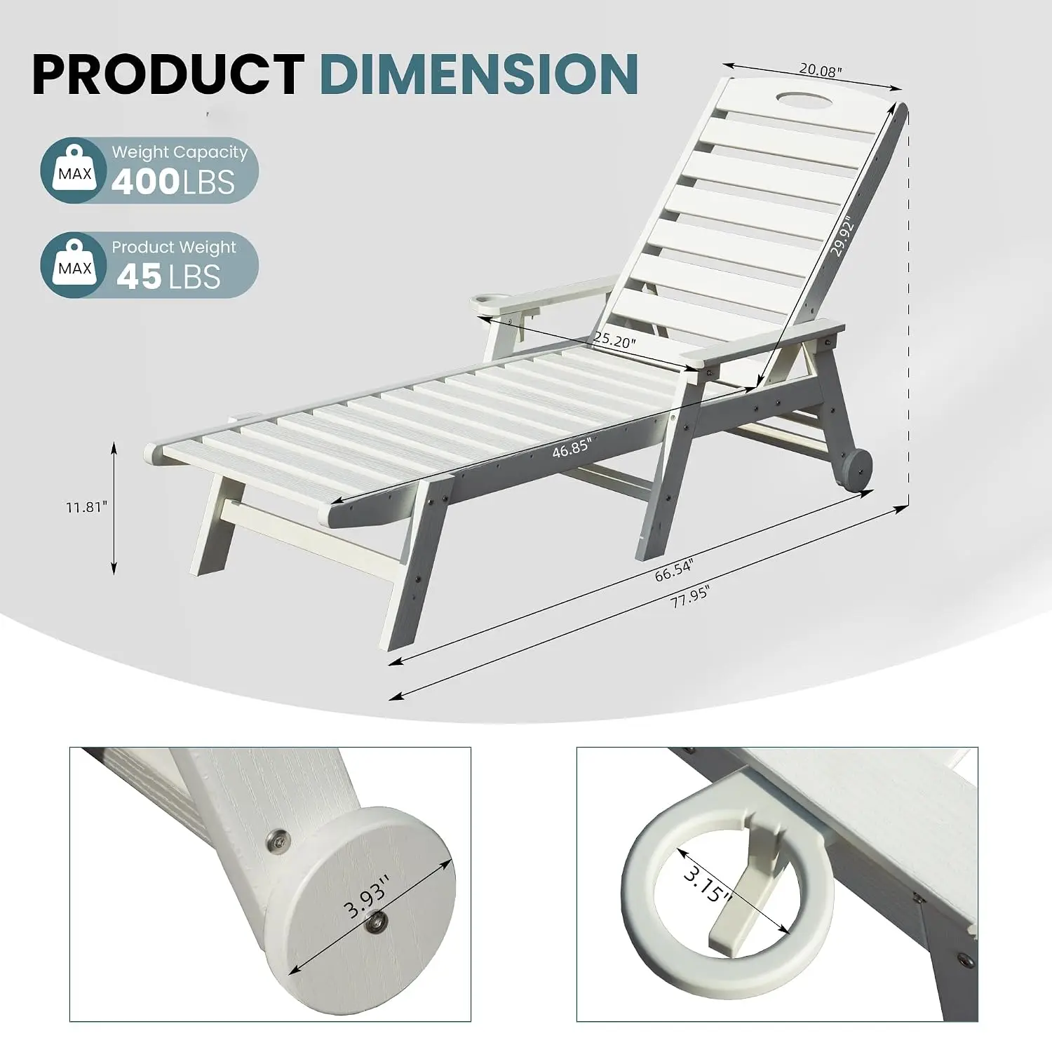 HDPE Outdoor Chaise Lounge Set of 2 with 5-Position Adjustable Backrest & Wheels for Poolside Sunbathing, White, Customized