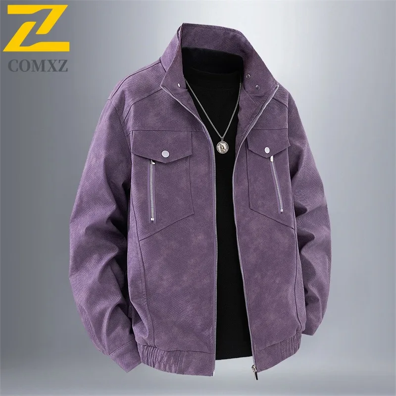 

COMXZ Leather Biker Jacket High Quality Retro Handsome Work Climbing Trench Coat Wear Resistant Travel Jackets Men's Clothing