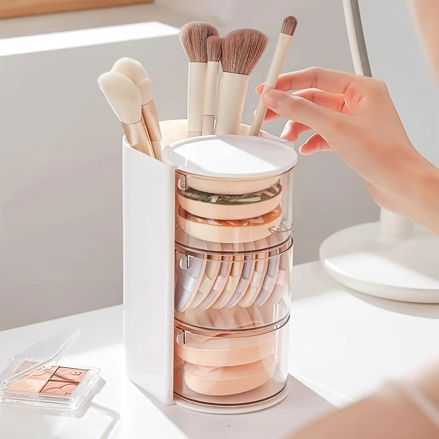 2/3 Tier Rotating Jewelry Organizer with Brush Holder Clear Storage Box Earrings Rings Necklaces Makeup Brushes Rotating Makeup