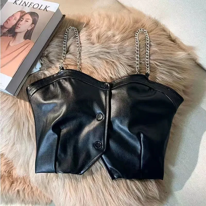 New Spring and Autumn Chain Leather Camisole for Girls Children Layered Short Style Single Breasted PU Leather Vest Fashionable