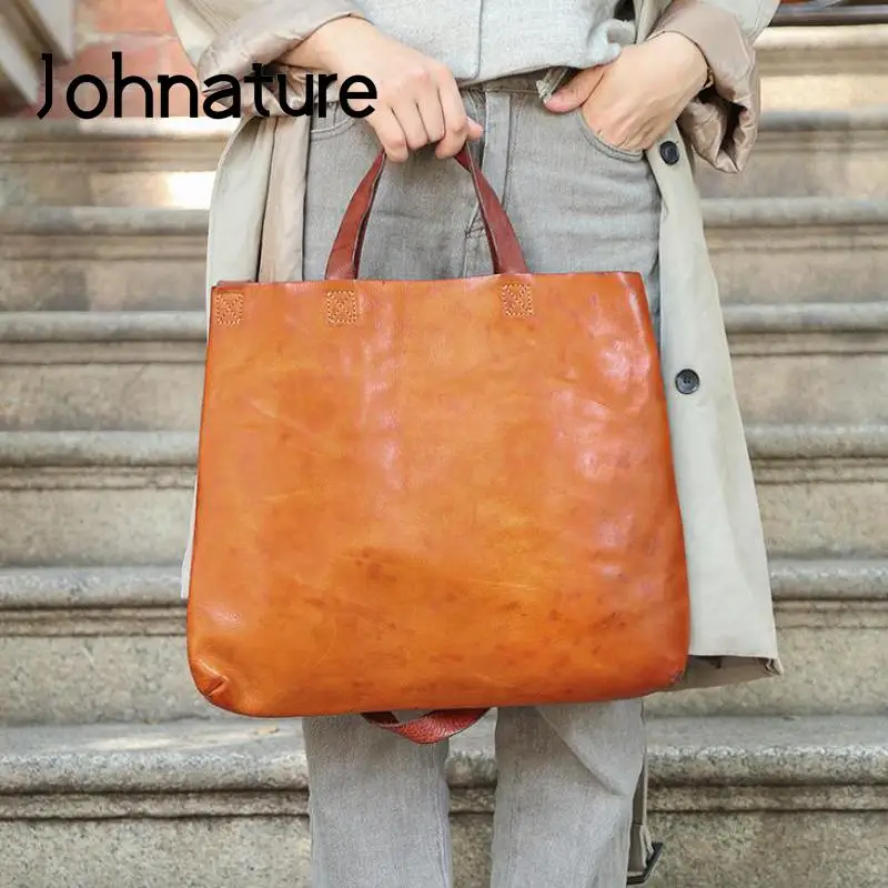 Johnature Genuine Leather Fashion Women Handbag Commuting Big Tot Bag Natural Cowhide Versatile Large Capacity Shoulder Bags