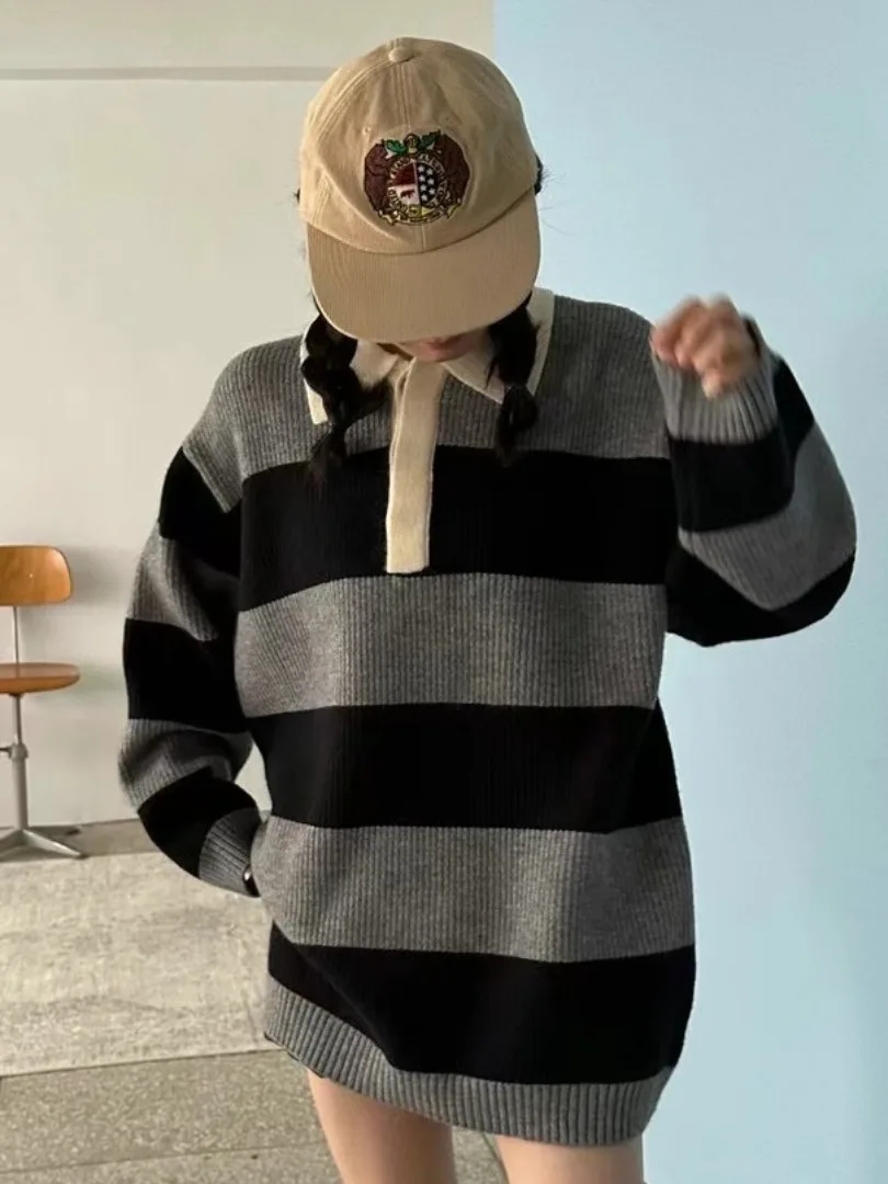 

Winter New Sle Dongda Gate Knitted Long Sve irt Color Blo Striped Simple Design Youth Faion oulder Insertion