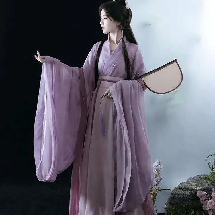 Hanfu Female Wei Jin Made Han Element Cross Collar Large Sleeve Shirt Printed with Chinese Style Eight Broken Skirt Purple