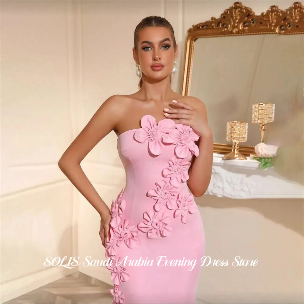 

SOLIS Pimk Evening Dress Strapless Sleeveless Party Dress Mermaid vestidos de fiesta with 3D Floral Prom Gowns Sweet Customized