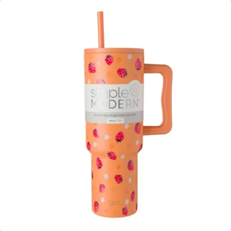 

40 oz Trek Tumbler with Handle and Straw Lid Cup Holder Friendly Insulated Stainl Steel Travel Mug Strawberry Fields