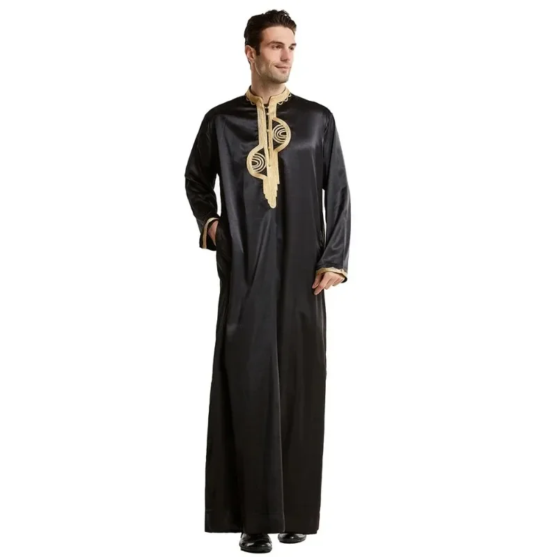 

Embroidery Muslim Men Dubai Saudi Clothing Kaftan Robes Long Stand Collar Eid Ramadan Jubba Thobe Arabic Dress Islam Middle East