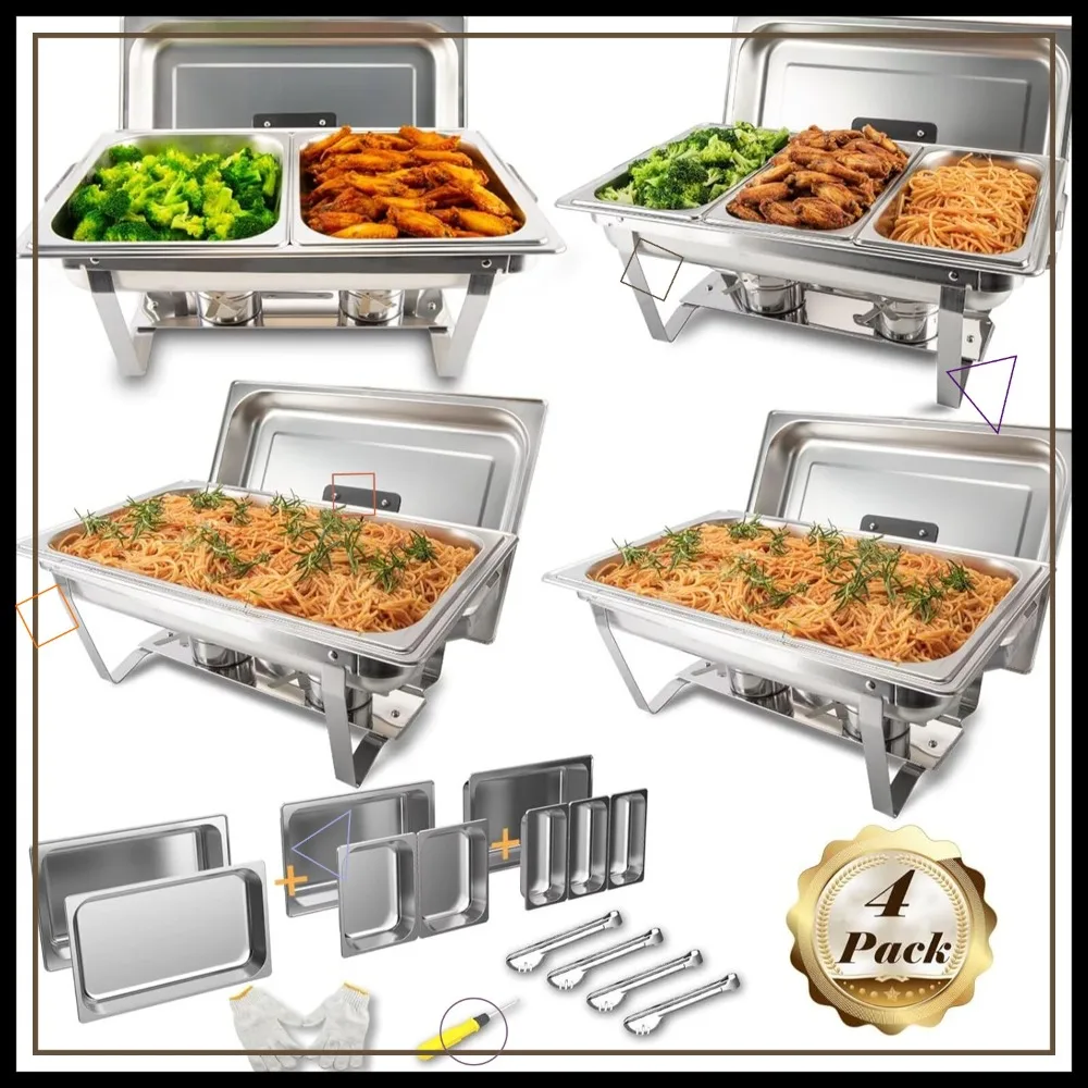 

4 Pack Stainless Steel Chafing Dish Set with Multiple Pans, Foldable Frame for Buffet & Catering