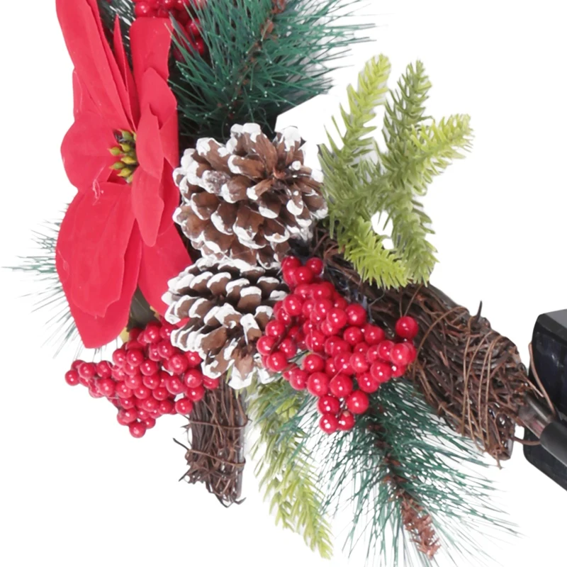 Christmas Cross Stake Metal Cross Solar Powered With Fairy Lights, Natural Rattan, Red Poinsettia & Berries