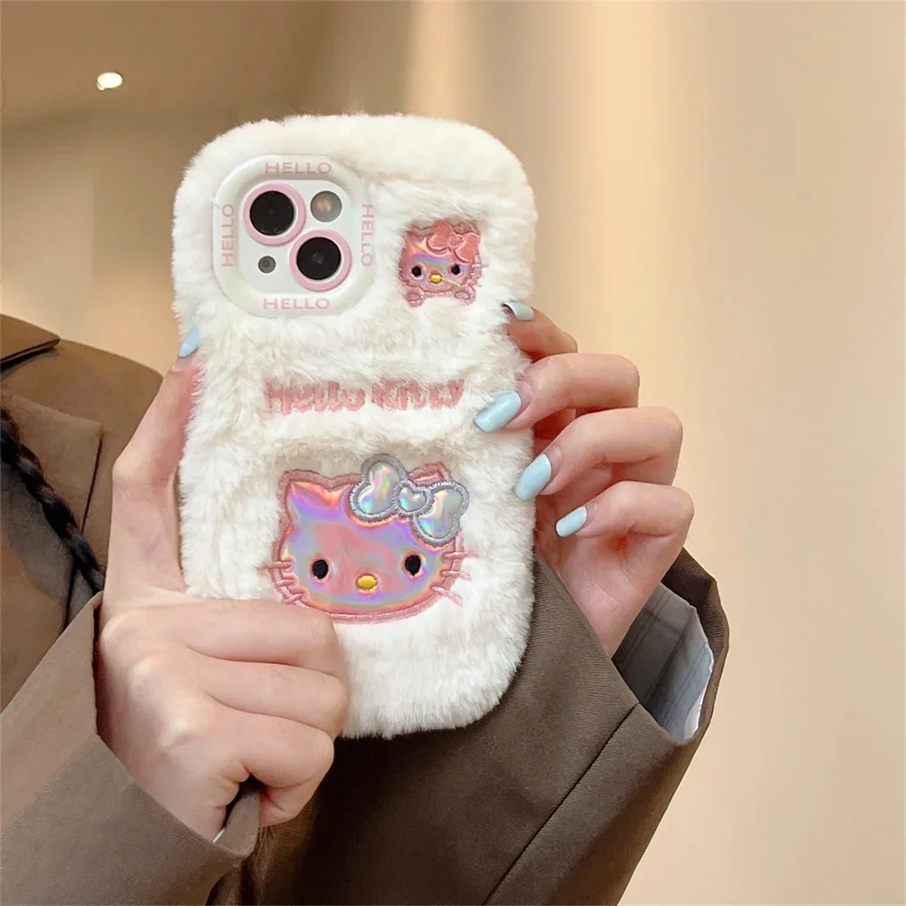Cute Cartoon Anime Role Hello Kitty Plush Phone Case for IPhone 11 12 13 14 15 Pro Max Soft Lovely Fuzzy Anti-fall Back Cover