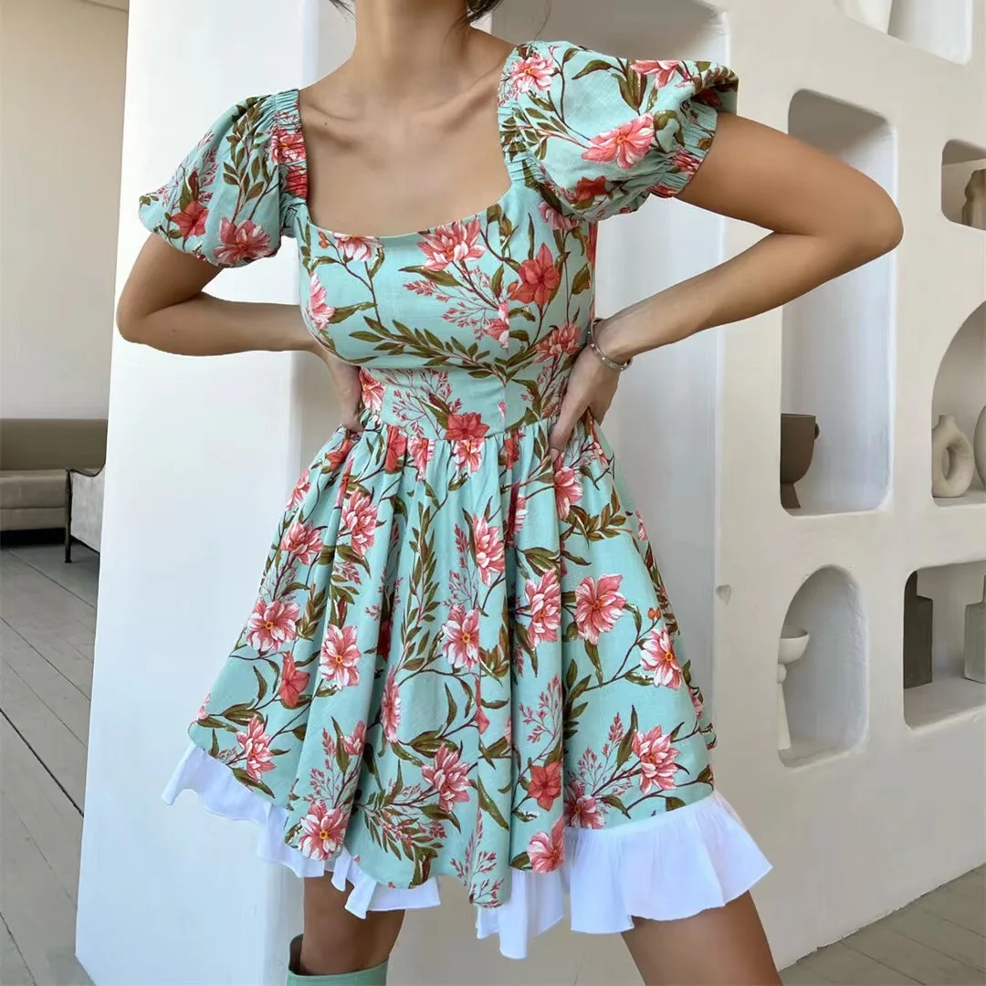 섹시한 스퀘어 넥 플로럴 드레스, 하이웨이스트 A라인 스커트, 출퇴근용 지퍼 클로저 드레스