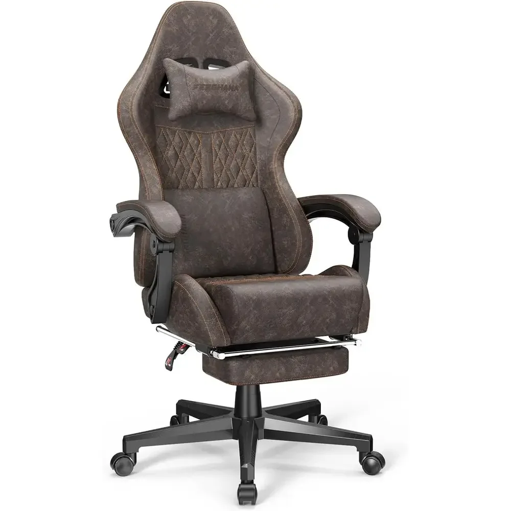 Silla ergonómica para juegos con respaldo alto y masaje, silla reclinable estilo carreras para adultos, color marrón castaño