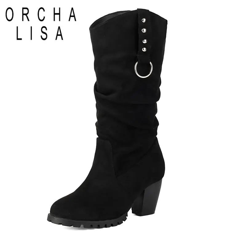 

ORCHA LISA Модная обувь 2025 г. Женские сапоги до середины икры для отдыха с круглым носком 6,5 см, блочный каблук без шнуровки из флока, замша, большой размер 47-48 на каждый день