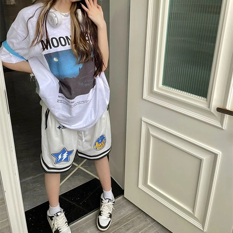 Streetwear Sport Shorts Women Y2K Letter Print Oversized Sweat Shorts Bf Students Loose Casual Drawstring Basketball Short Pants