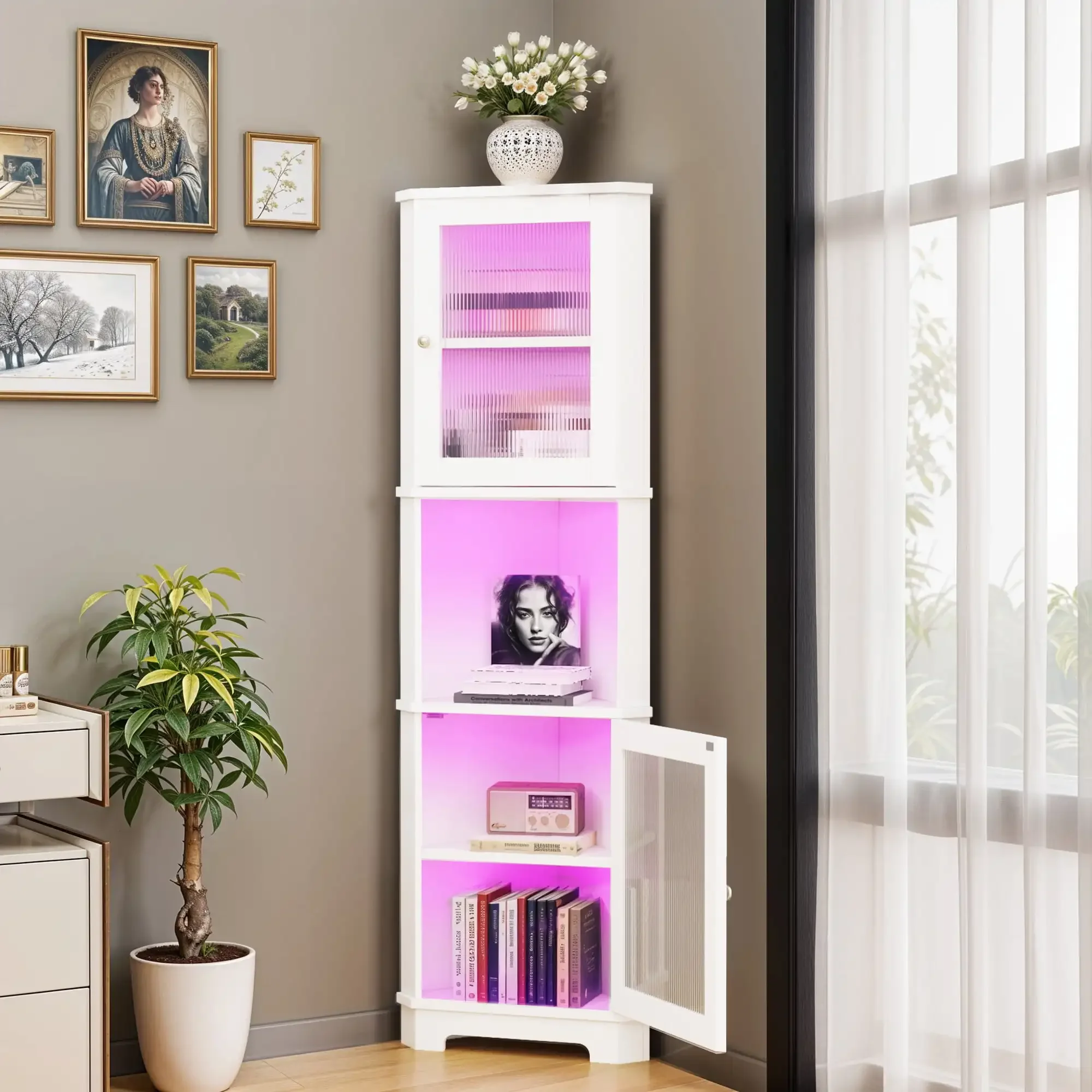 

67"Tall Corner Storage Cabinet with Door & LED Light, 5 Tier Corner Bookcase Cabinet, White