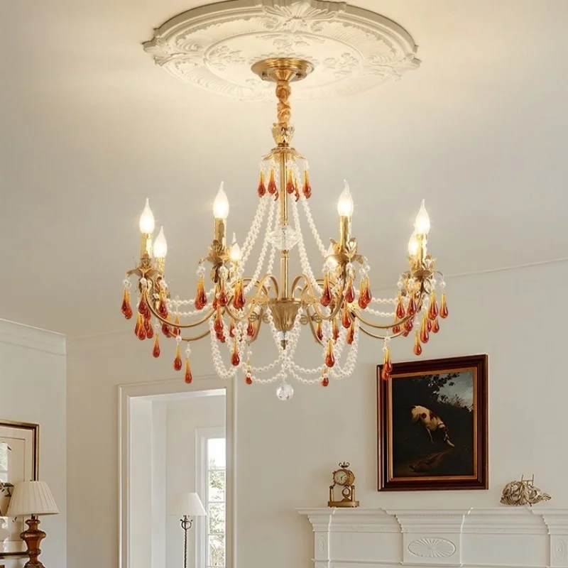 Living Room French Candle Chandelier Luxury Copper E14 Led Pendant Light Lustre Red Crystal Hanging Lamp Led Luminarias Lighting