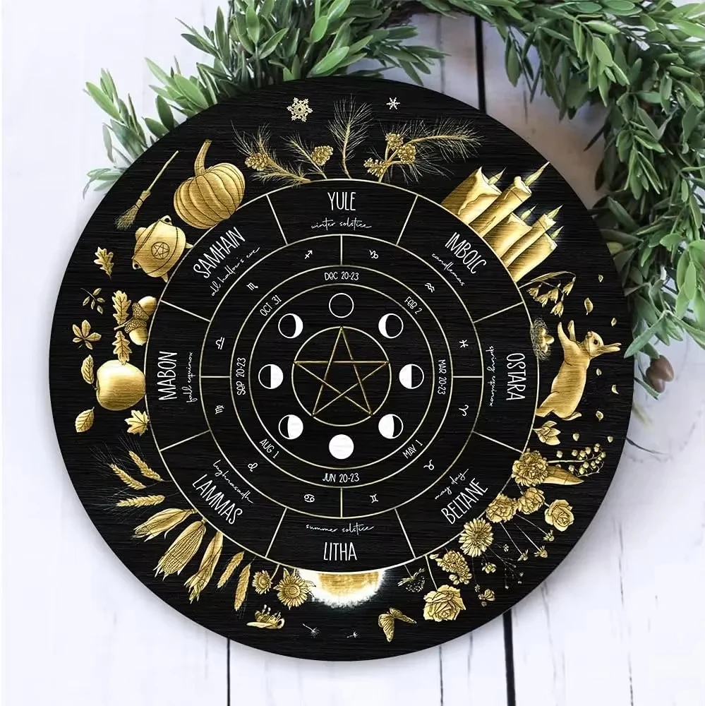 Wall Round Plaque Witch Pagan Wiccan Holiday Celtic Sabbat Vintage Gifts Home Bar Cafe Wall Decor Wheel of The Year Wooden Sign