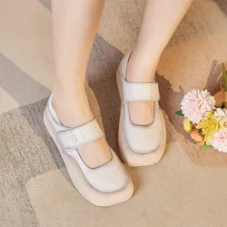 New Vintage Mary Janes Shoes Women's Square Toe Ballet Flats Soft Leather Loafers Woman Stitching Moccasins Ladies Strappy Flats