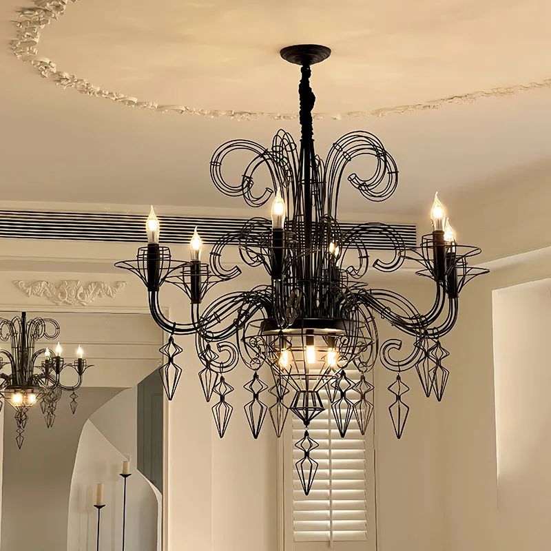 FrenchRetroHepburn LinearCandle ChandelierBaroque Pendant Light for Villa HighCeiling LivingDiningStudy CloakroomLuxurDecor Lamp