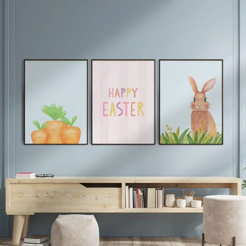 3PC Easter Decoration Poster Set, Spring Wall Art, Easter Bunny Wall Art, Pastel Easter Decor, Minimalist Easter Prints