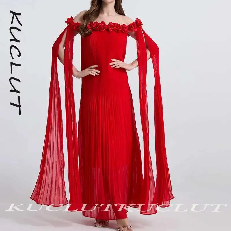 

KUCLUT Off Shoulder Three-dimensional Flower Pleated Chiffon Dresses For Women Elegant Solid Color Evening Party Dress K149