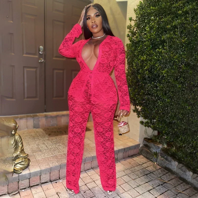 

GUWU Sexy Lace Sheer Two Piece Set Long Sleeve Shirt and Pants Suit Women Fashion Elegant Vacation Outfits