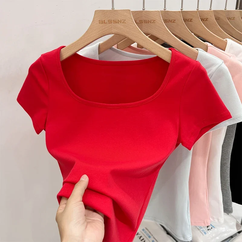 Zjaiss 夏無地スクエアカラー半袖 Tシャツ女性韓国ストリート Tシャツベーシック固体ヤングクールトップス 2025