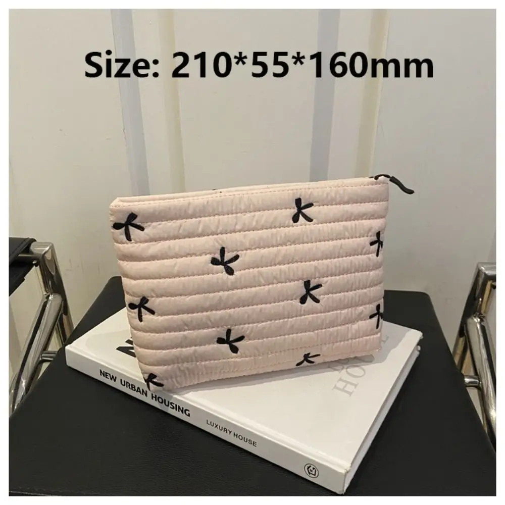 น่ารักผ้าฝ้ายแต่งหน้ากระเป๋าซิปขนาดใหญ่ความจุกระเป๋าเครื่องสําอางเย็บปักถักร้อยโบว์ล้างกระเป๋า